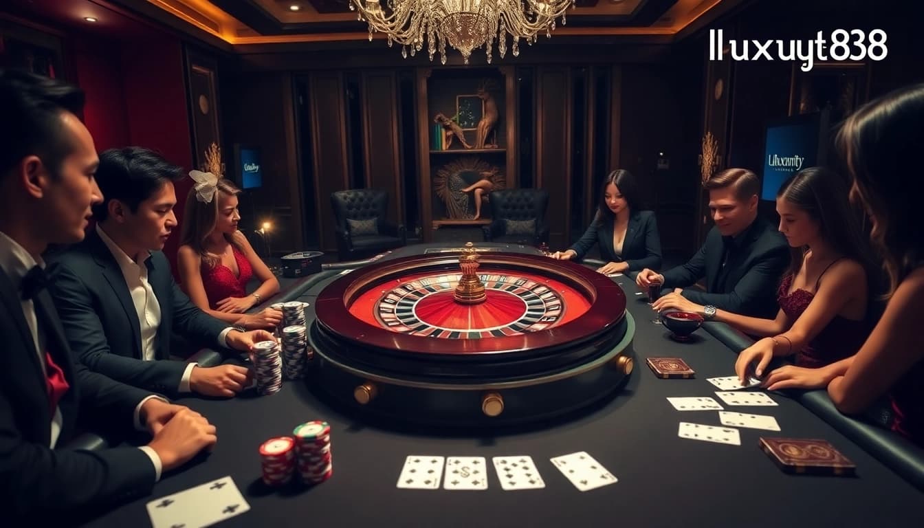 Luxury138 players strategizing at a high-stakes poker table in an elegant casino setting.