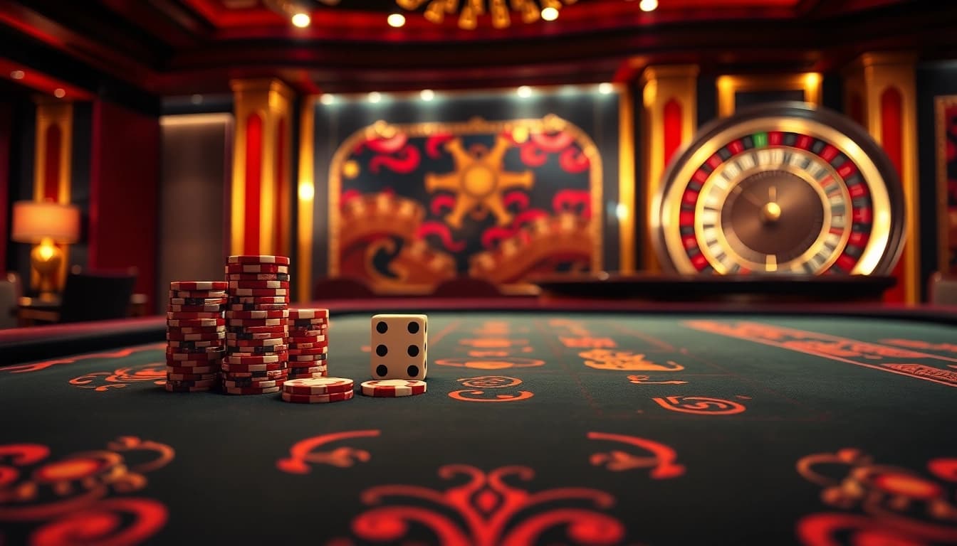 Experience the excitement of Đá Gà Thomo BJ888 at a luxurious casino table with cards and chips.