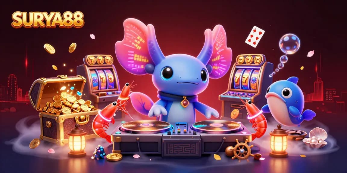 SURYA88 features a vibrant underwater casino scene with energetic characters enjoying gaming action.