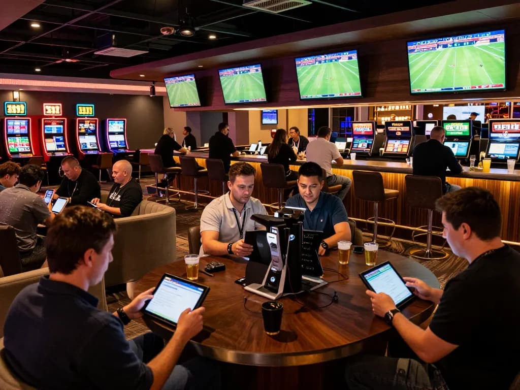 Bettors actively engaging in tỷ lệ bóng đá nhà cái at a lively sports betting lounge, live matches on display.