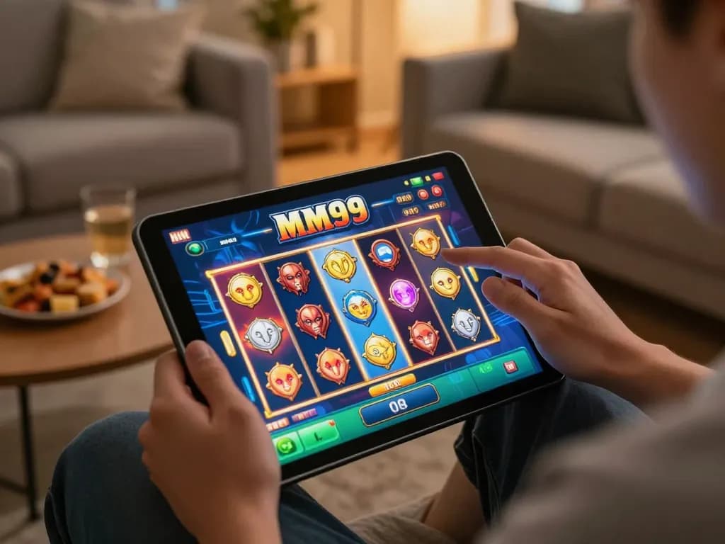 Engaging with MM99 Slot on a tablet in a cozy home setup, showcasing online gaming excitement.