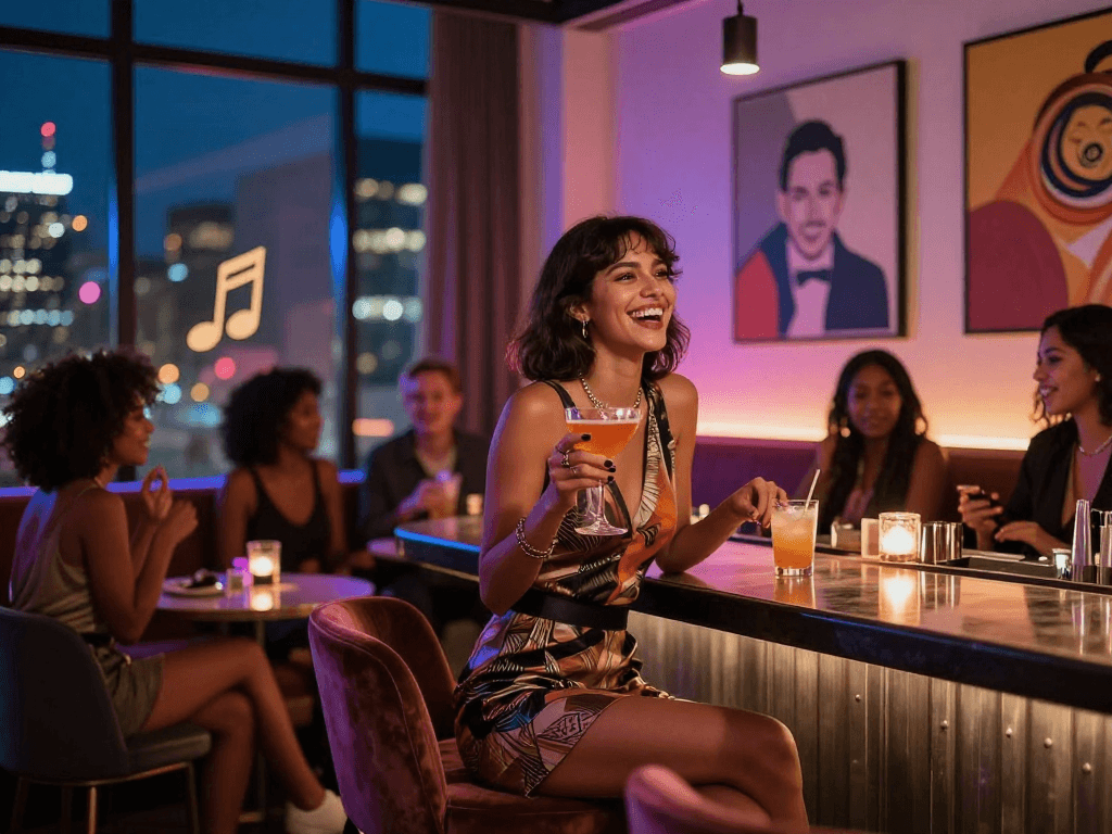 Gái gọi đang thưởng thức cocktail cùng bạn bè trong không gian lounge sang trọng và hiện đại
