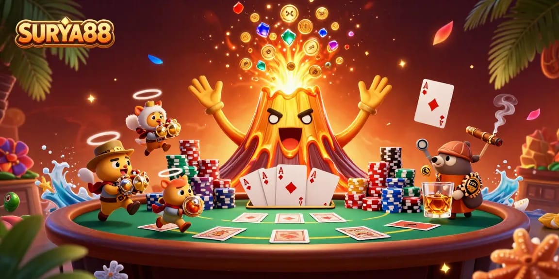 SURYA88 showcases a vibrant 3D illustration of a golden volcano and treasure, perfect for casinos.