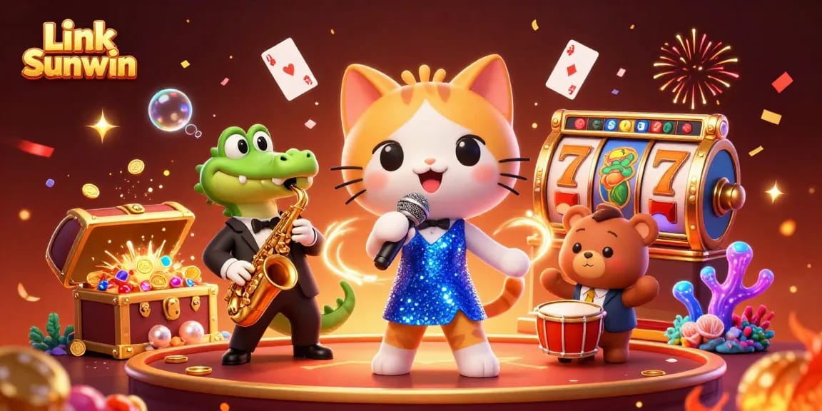 Engage in thrilling fun with Link Sunwin at this vibrant casino scene featuring an animated jazz-singer cat and friends.