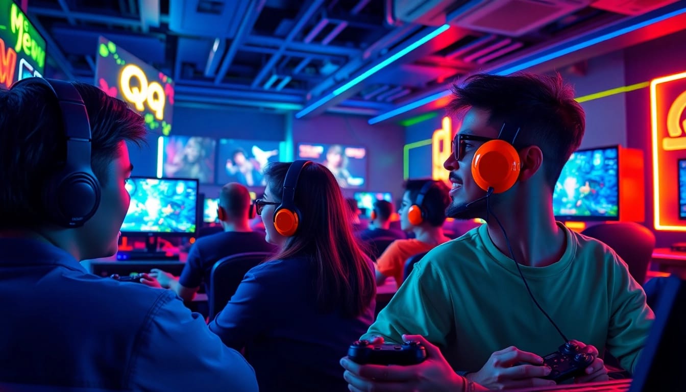 Bermain qq macan game di lounge permainan modern dengan gamer antusias.