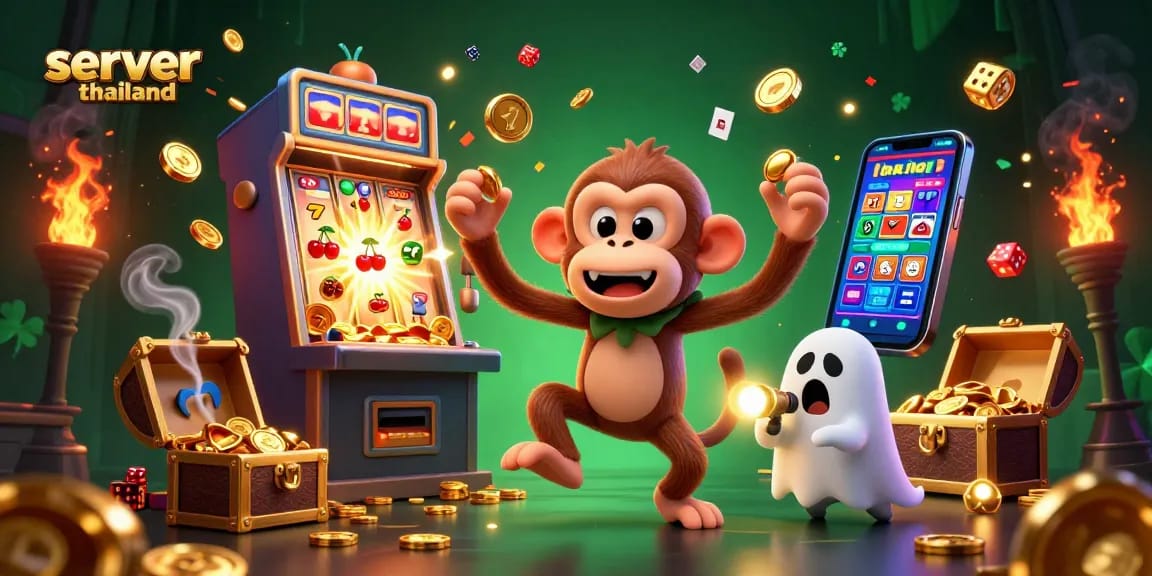 Experience the thrill of winning at server thailand with a poltergeist monkey and ghost-hunter puppy amid dynamic casino symbols.