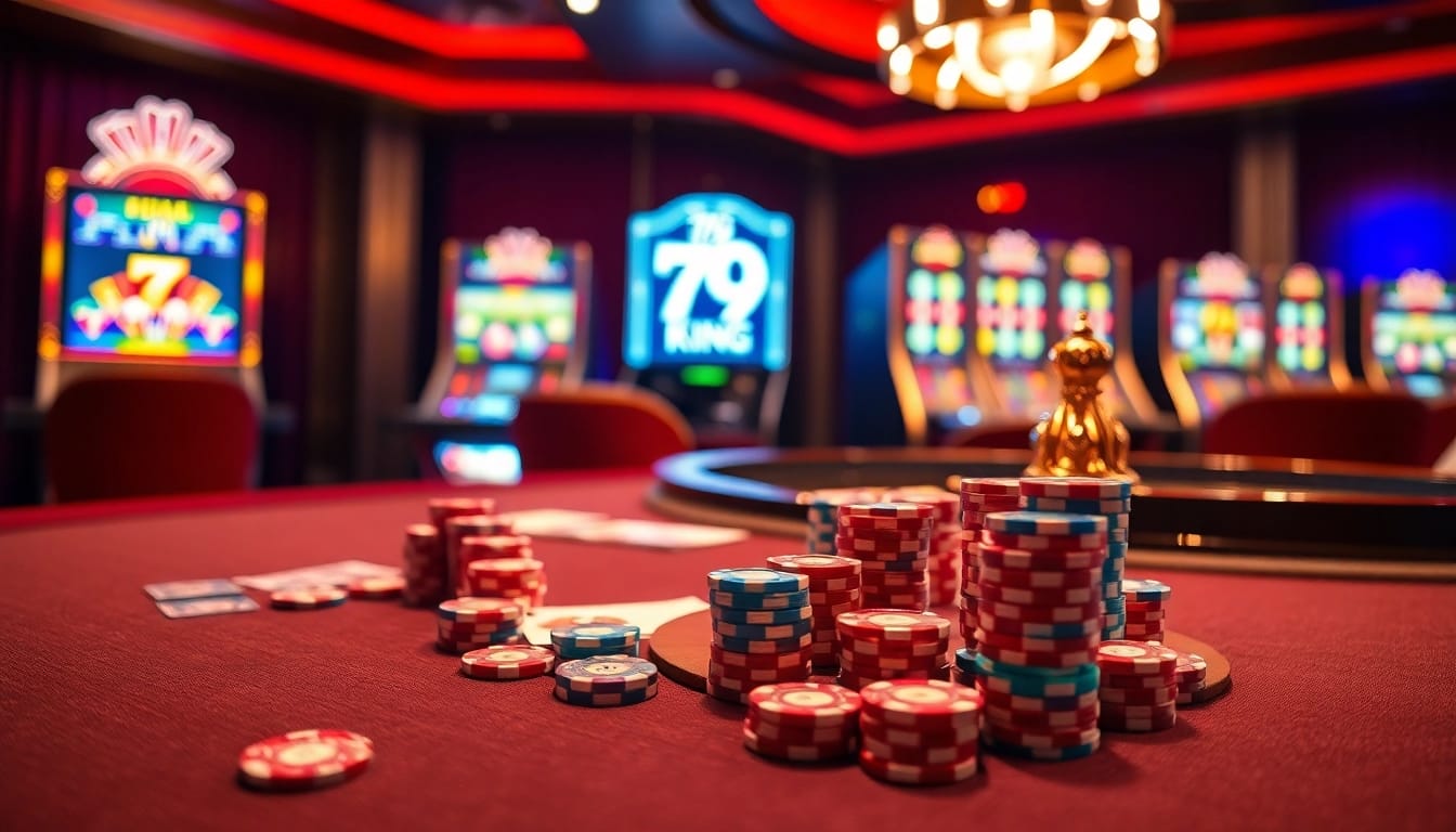 Experience the thrill of 79king with vibrant poker chips, lively slot machines, and an elegant roulette table.