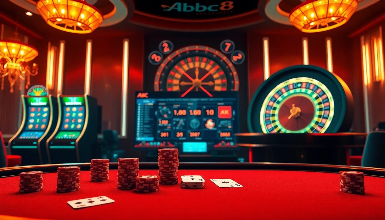 ABC8 betting interface highlights luxury poker and jackpot slots in an exciting casino atmosphere.