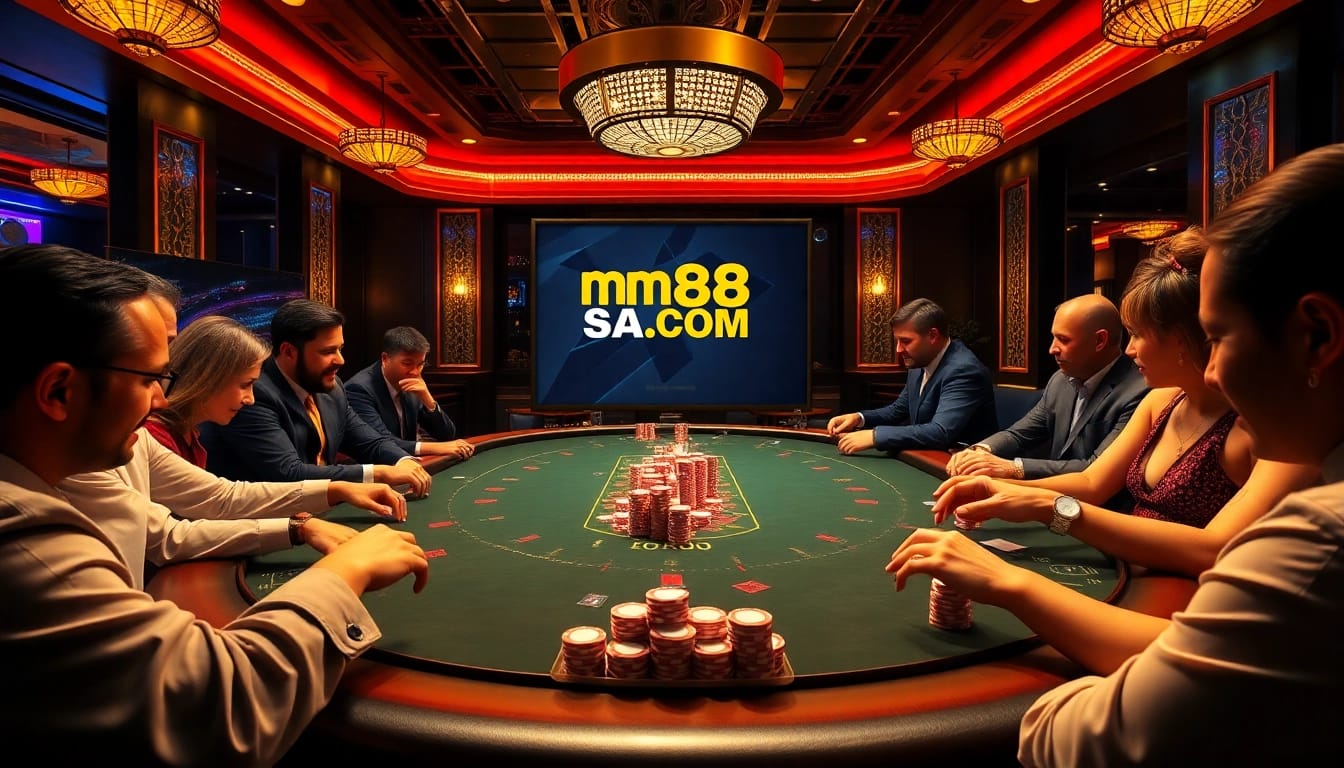 Players engaging at a poker table while enjoying mm88 sa com for online gambling excitement.