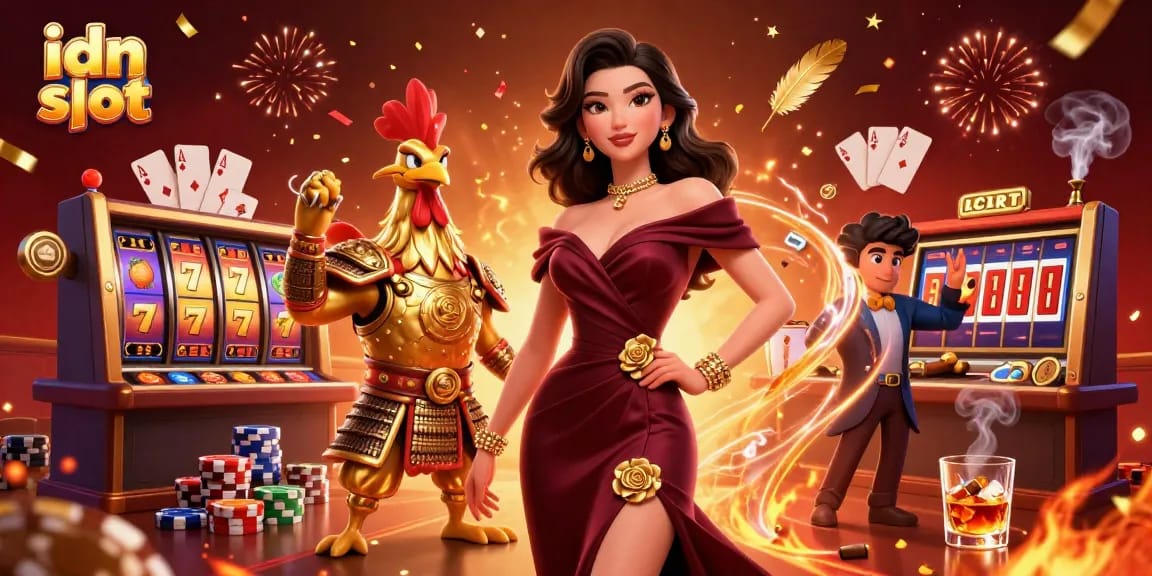Win big playing idn slot with an exciting casino scene featuring glamorous characters and vibrant gaming elements.
