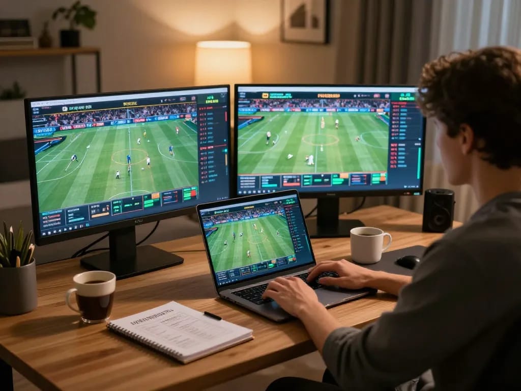 Engaging online sports betting scene with m119 strategies on laptop screen in a cozy office.
