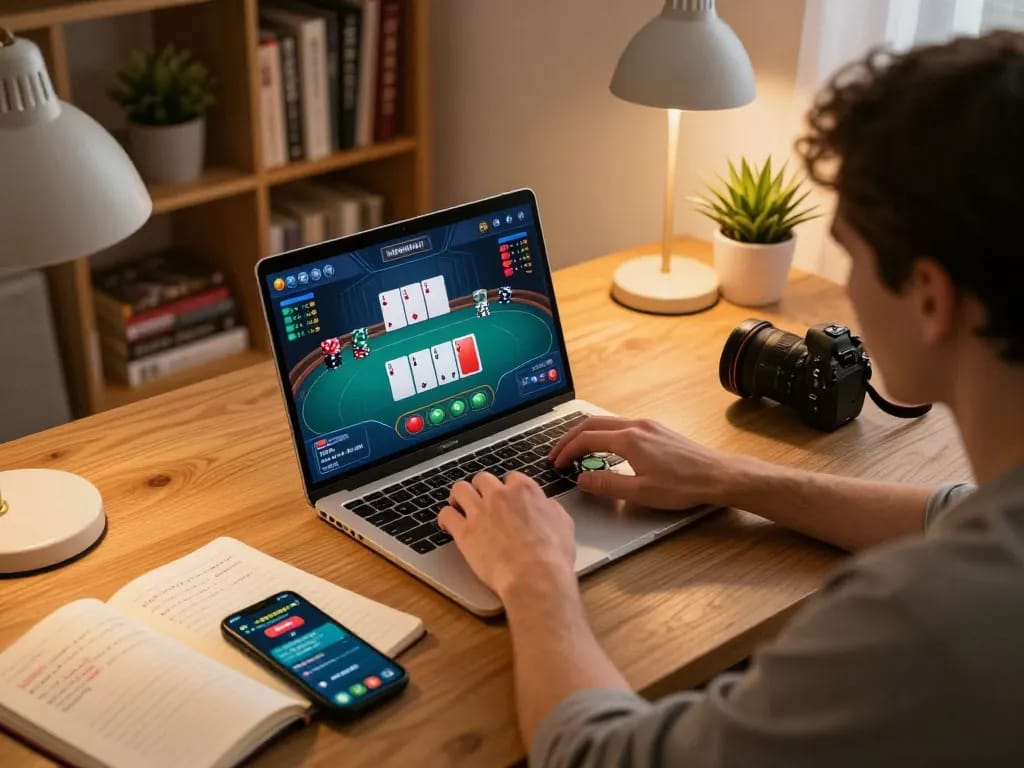 Engaging online poker gameplay at home, showcasing strategic decisions with gameradar insights for responsible gambling.