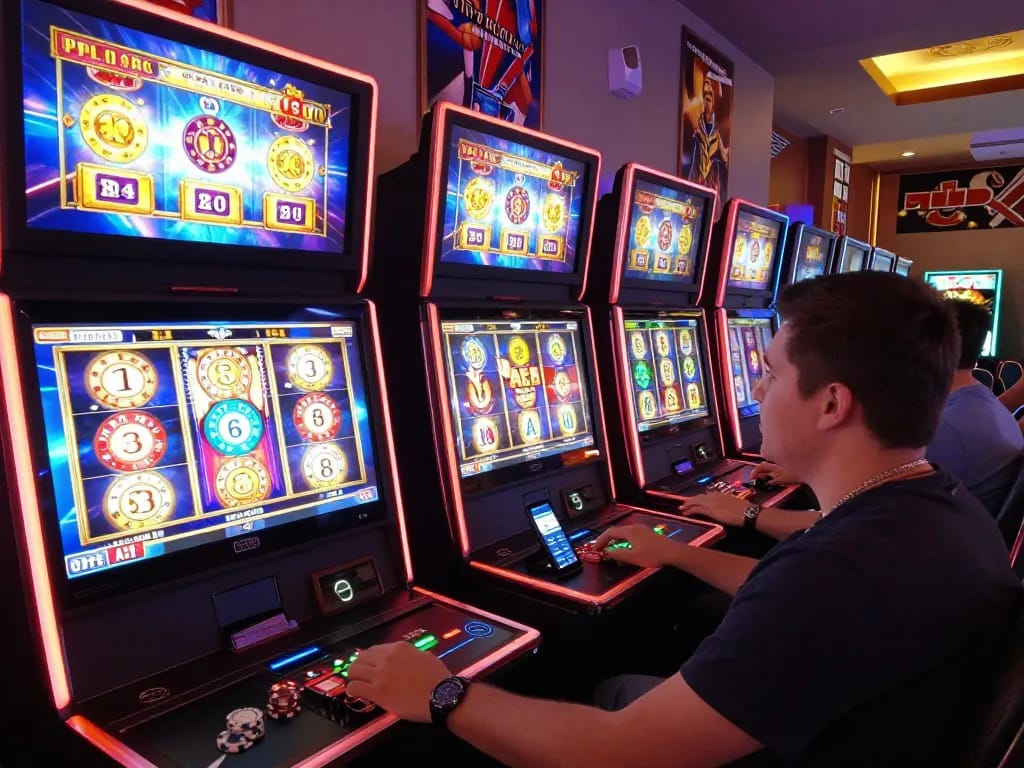 Pengaturan game slot gacor hari ini yang dinamis menampilkan seorang pemain yang terlibat dalam beberapa permainan slot di layar berkualitas tinggi.