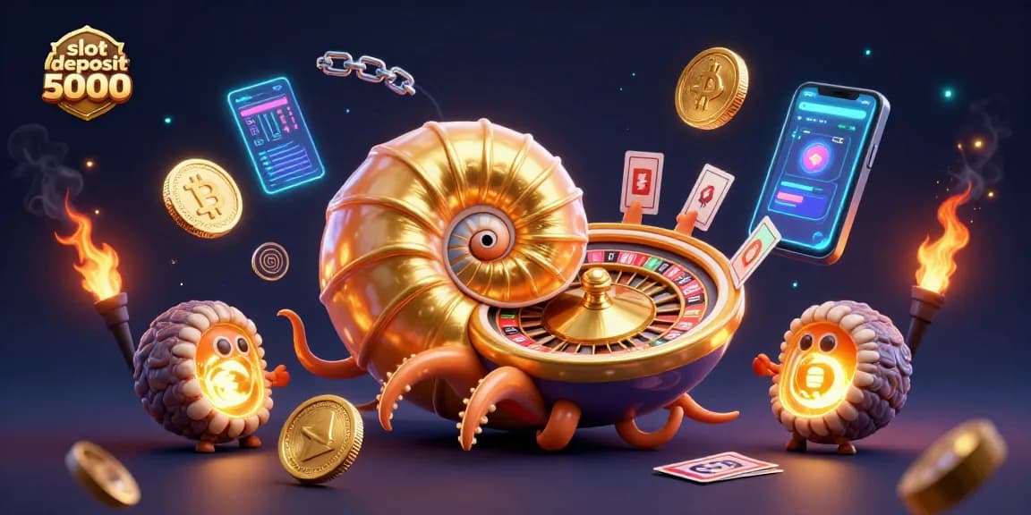 Experience winning strategies with slot deposit 5000 in a vibrant casino-themed illustration.