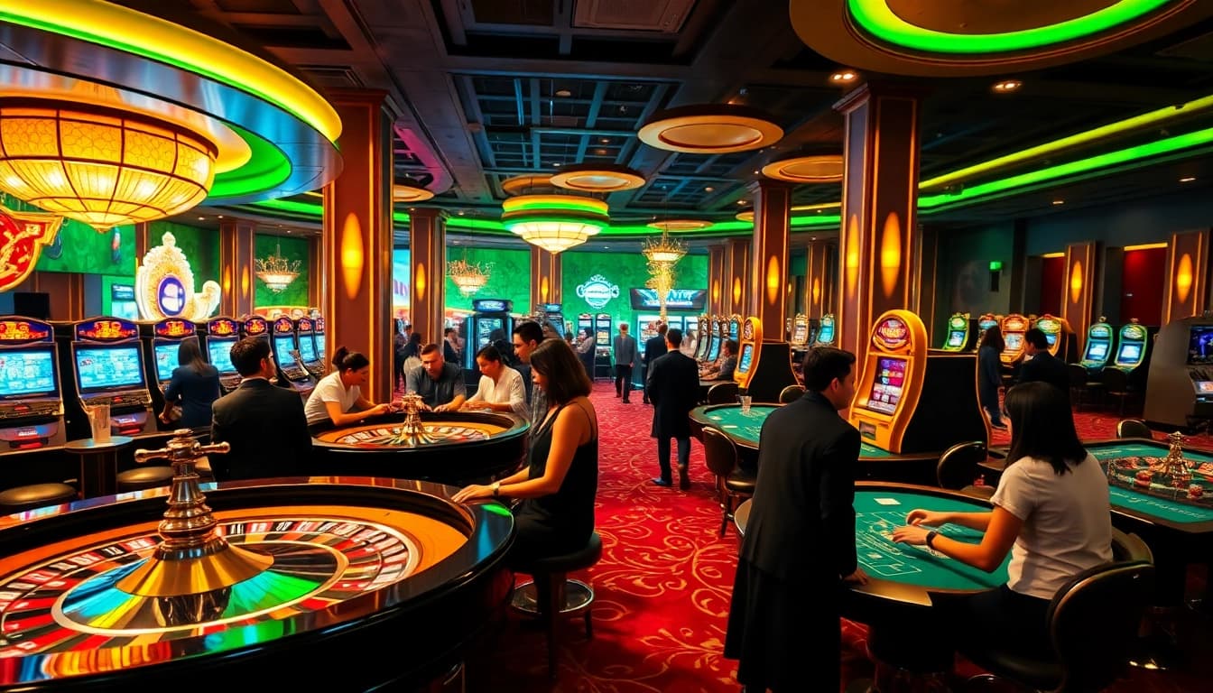 KJC branded casino scene showcasing roulette tables and vibrant players enjoying the gaming experience.