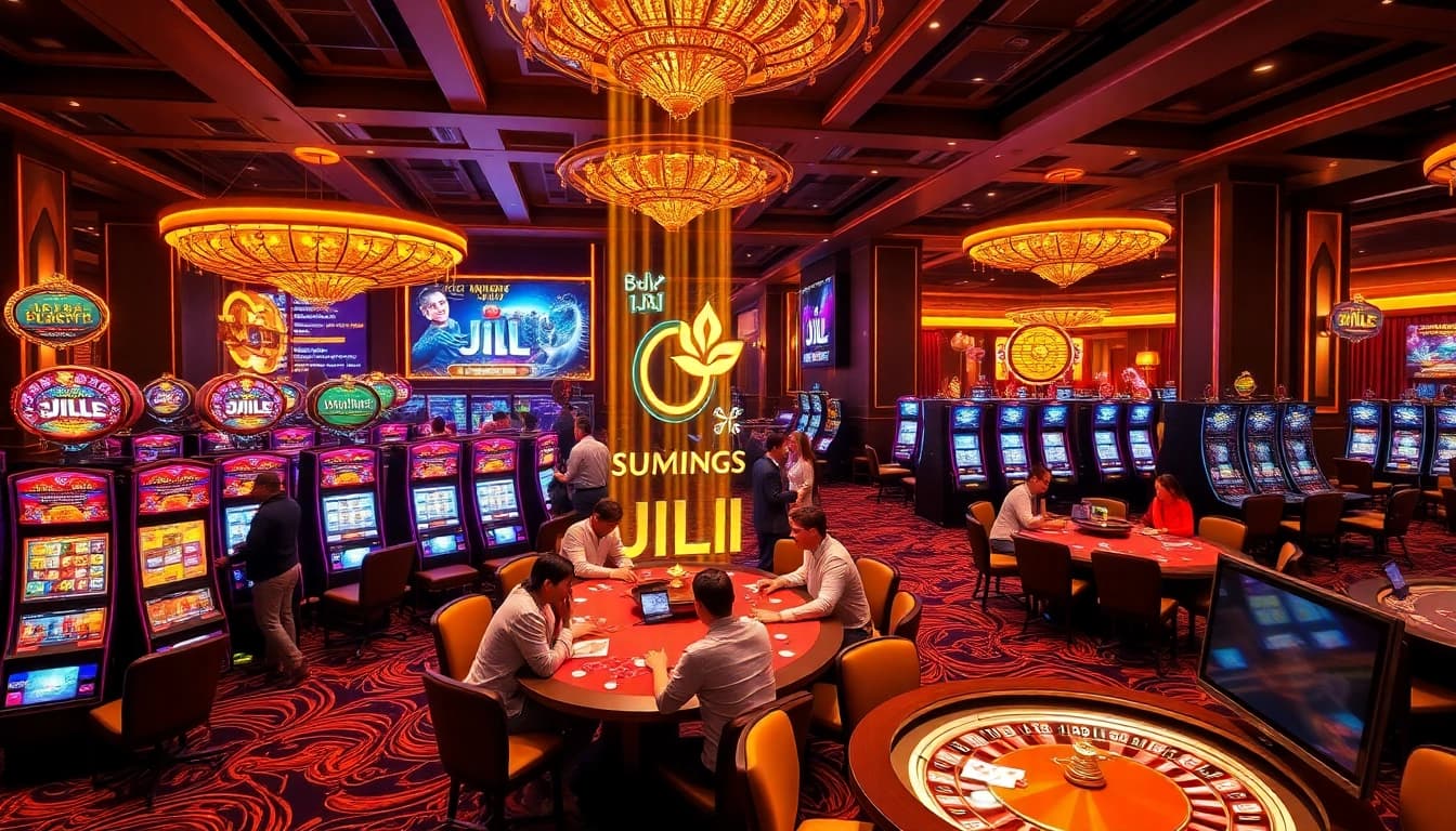 JILI casino players enjoying immersive games at vibrant slot machines.