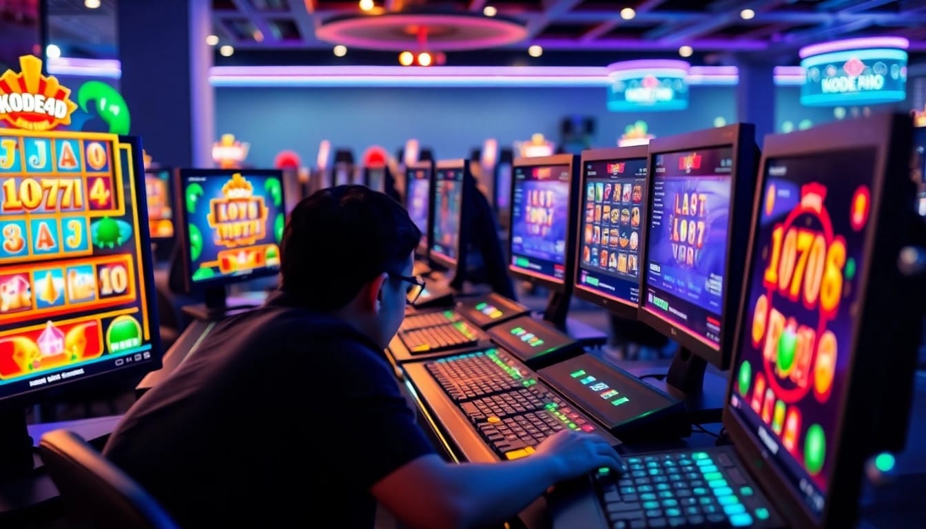 Situs kode4d gaming experience with multiple screens showcasing engaging slot games and vibrant tokens.