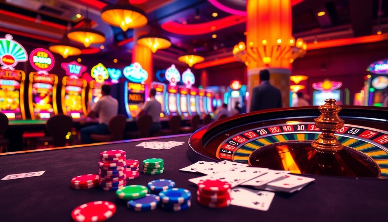 Join thrilling action at https://go8.food/ with vibrant casino visuals, roulette wheel, and engaging poker game.
