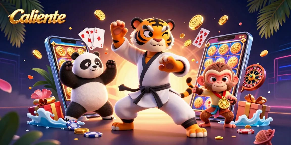 Caliente the online casino features a kung fu tiger and panda in a vibrant, gaming scene.