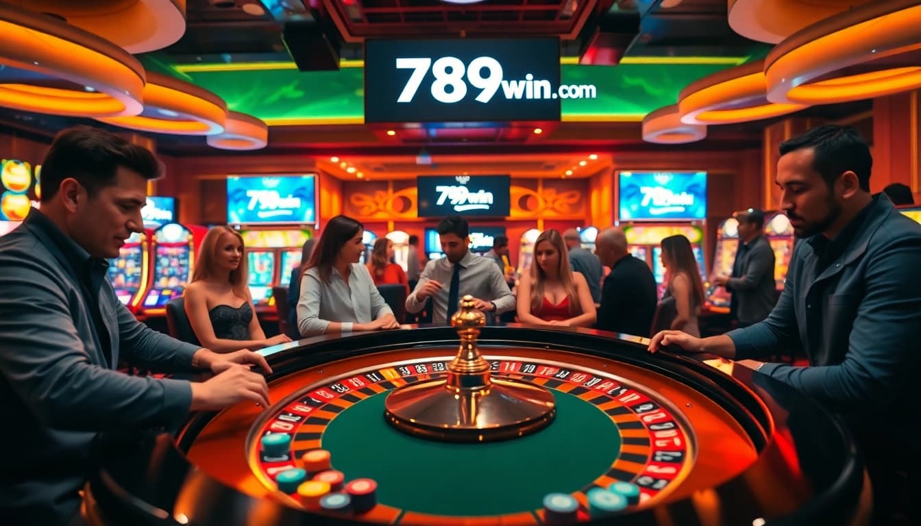 Play exciting games at 789win com featuring vibrant roulette tables and lively gamblers.