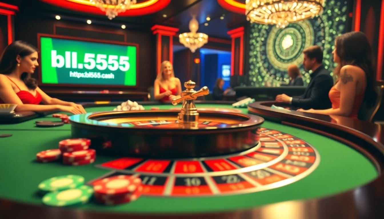 Experience the excitement of gambling at https://bl555.cash/ with a vibrant casino scene highlighting players at a roulette table.