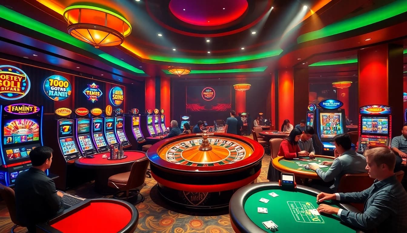 Experience thrilling gaming at https://new88bet.us/ with a vibrant casino scene featuring roulette, poker, and slot machines.