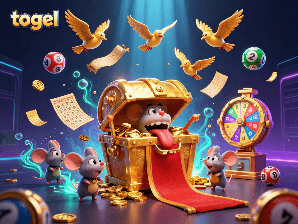 Exciting togel lottery scene with colorful balls and a treasure chest attracting adventurous mice, surrounded by golden elements.