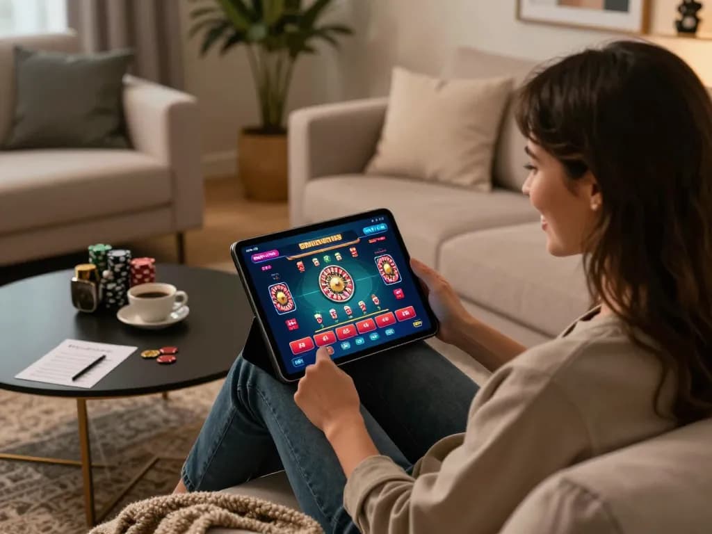 Engaging gameplay on luckindex app while enjoying a cozy home environment with responsible gambling focus.