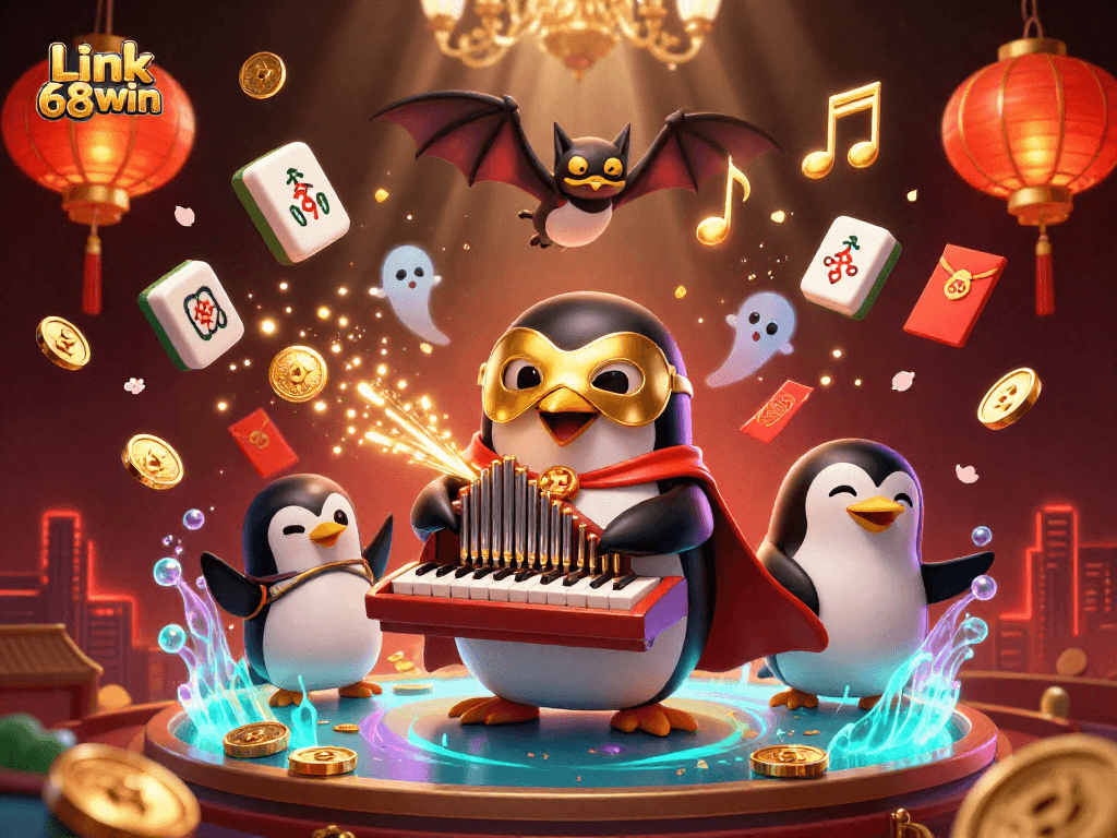Experience excitement with Link 68win as cartoon penguin plays an organ, shooting golden coins.