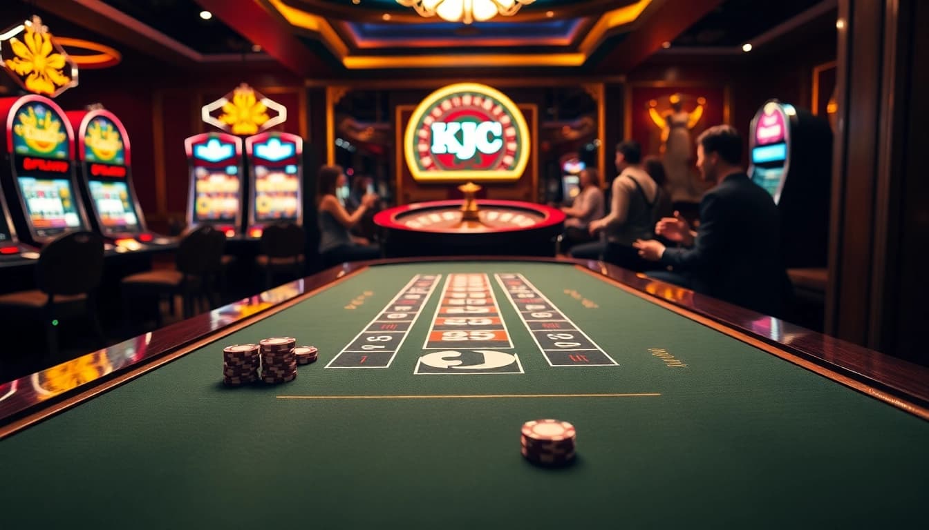 KJC gaming scene showing players at a vibrant blackjack table, surrounded by luxurious casino elements.