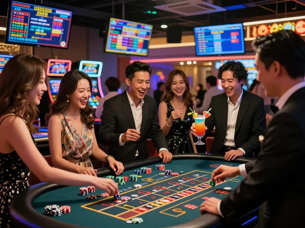 Exciting casino hong kong scene with friends at roulette table and vibrant atmosphere