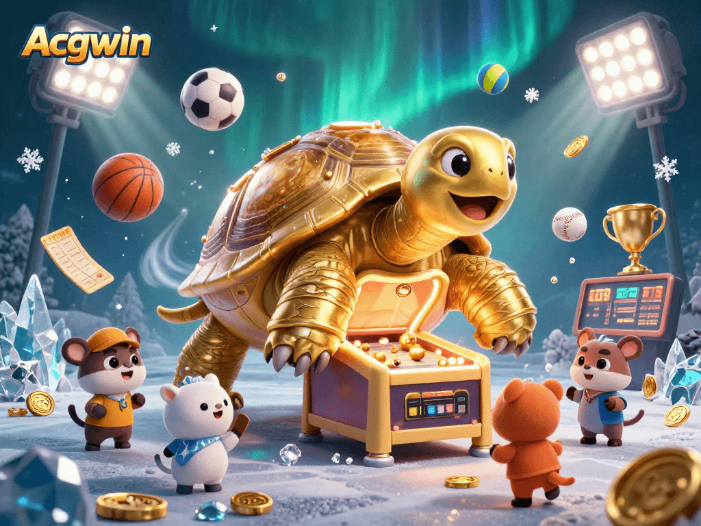 Acgwin captivates players with a vibrant scene of a colossal golden tortoise pinball machine.