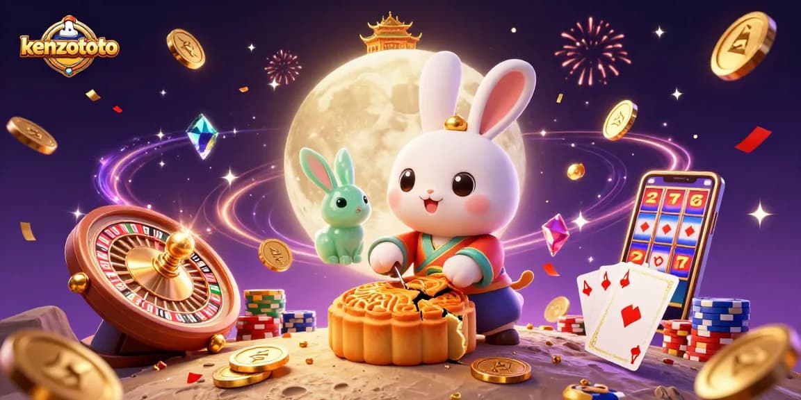 Kenzototo brings excitement with cartoon moon rabbit revealing poker chips in a magical casino scene.