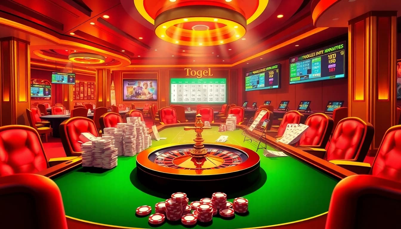 Togel China game setup with colorful betting slips and a glamorous casino atmosphere