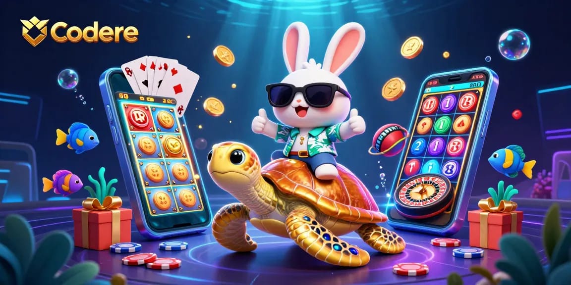 Codere offers exciting gameplay as a lucky rabbit rides a golden turtle amidst vibrant gaming elements.