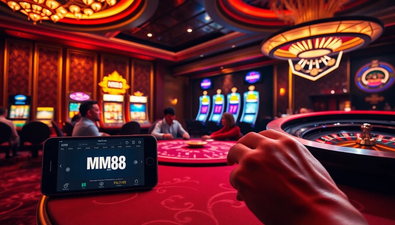MM88 poker players competing at a luxurious casino table with vibrant slot machines.