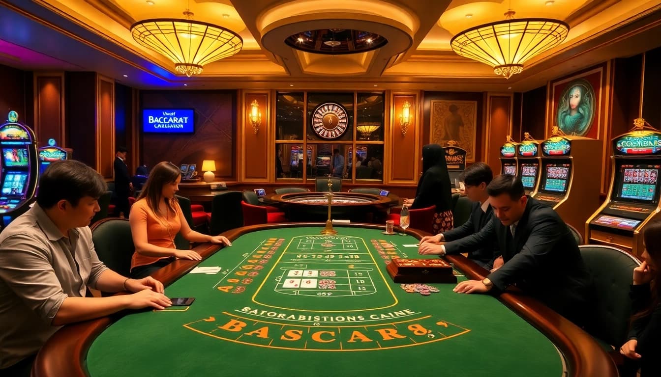 Players enjoy a thrilling Baccarat game at hi88com, surrounded by luxurious casino elements.