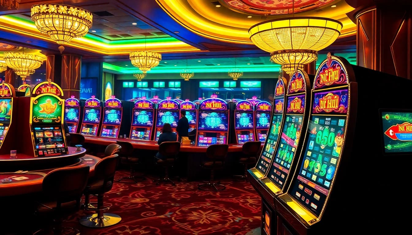 Players winning big on nổ hũ slot machines in a vibrant casino atmosphere.