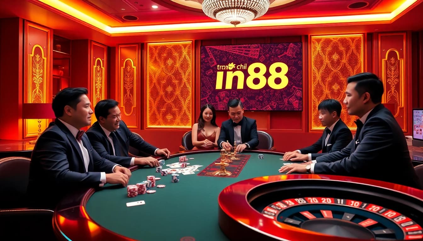 Gamblers enjoying high-stakes poker action at the trang chủ Jun88 casino table.