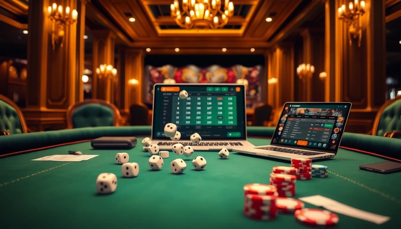 Engaging players experience the thrill of tài xỉu online betting at a luxurious casino table with dice and chips.