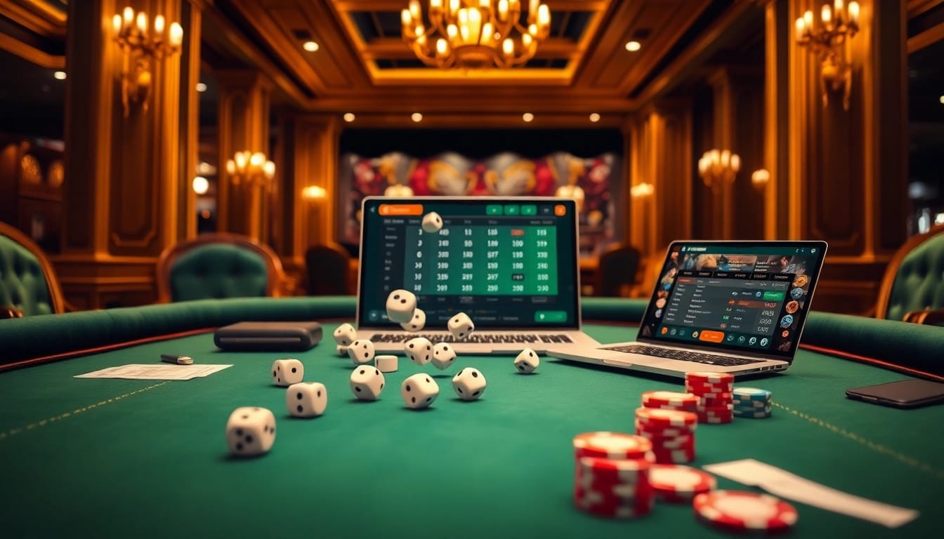 Engaging players experience the thrill of tài xỉu online betting at a luxurious casino table with dice and chips.