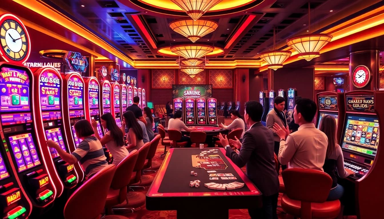 Engaging scene of players enjoying slot gacor hari ini in a luxurious casino atmosphere with vibrant machines.