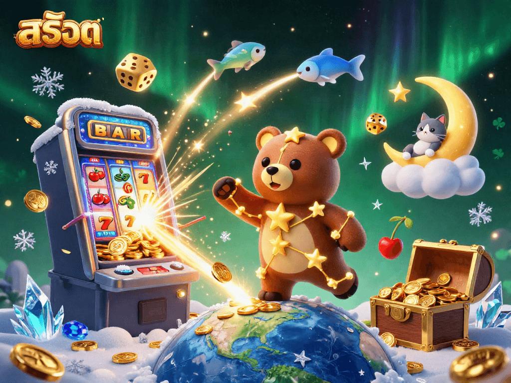 Engage with สล็อต in a colorful casino scene featuring a constellation bear and a jackpot explosion of coins.