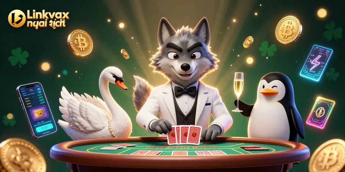 Place bets at Link vmax mới nhất as a debonair wolf enjoys baccarat with elegant characters and crypto elements.