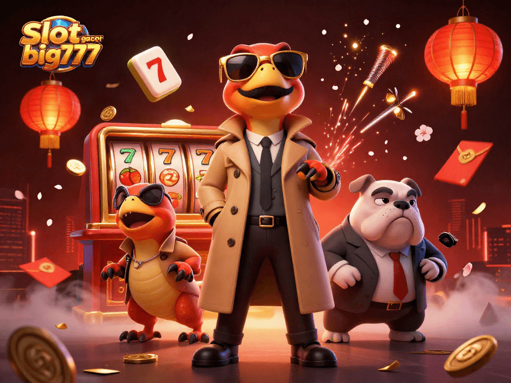 Spin thrilling slot gacor big777 reels with raptors and a bulldog in a vibrant casino scene.