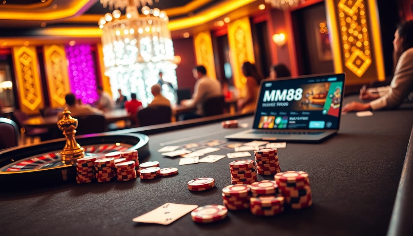 Engaging poker scene featuring colorful chips and cards, reflecting the MM88 blog's high-stakes gambling experience.