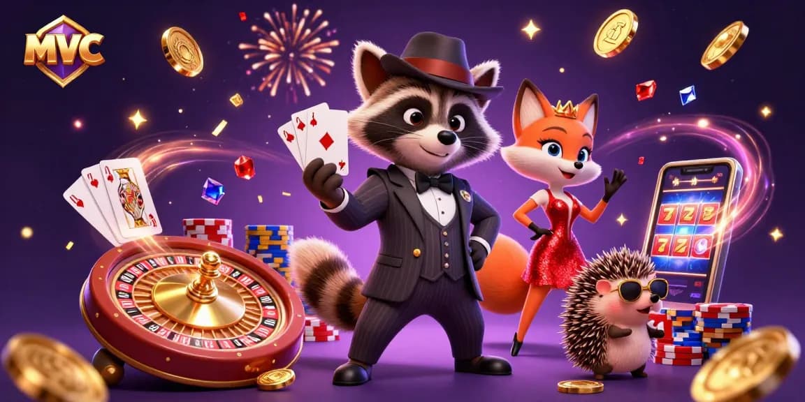 Play at the mvc casinos with 3D raccoon and fox lady celebrating winning hands