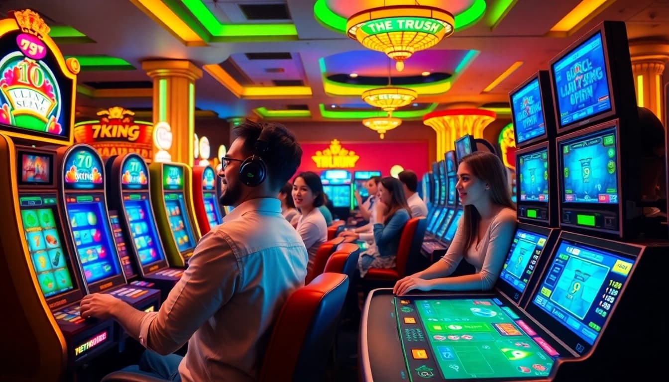 Belebte Szene, in der Spieler online Casinospiele bei 79king genießen – diese Szene spiegelt Aufregung und Wohlstand wider.