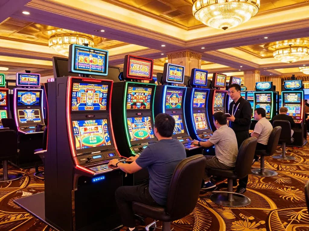Players enjoying Slot88 gaming machines on a vibrant casino floor with colorful lighting