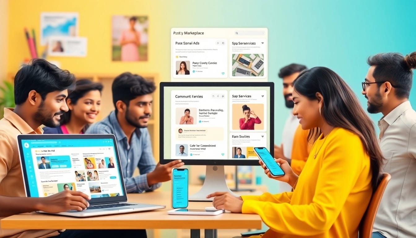 Lanka Add digital marketplace showcasing diverse users engaging with vibrant personal and spa ads in Sri Lanka.